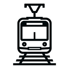 Black and white minimalist illustration of a train on railway tracks, concept for transportation design, public transit systems and travel infographics