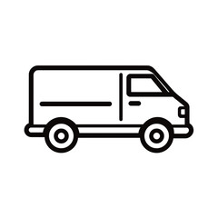 Simple line art of a delivery van viewed from the side on a white background, concept for transportation logistics, product delivery service and cargo transport.