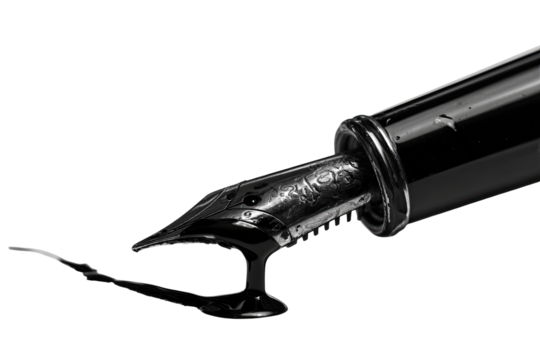 Close-up of a fountain pen nib, ink flowing