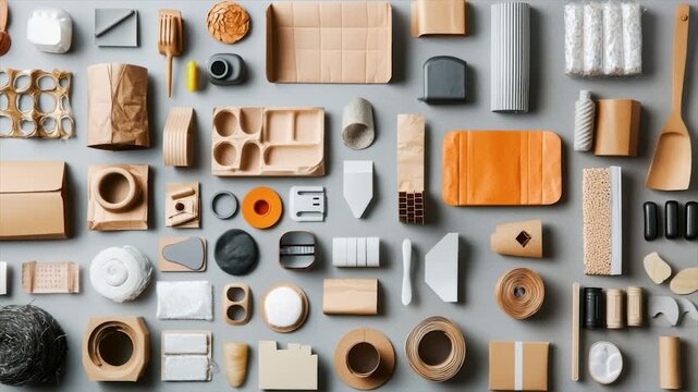 Diverse assortment of sustainable packaging materials displayed on a neutral background