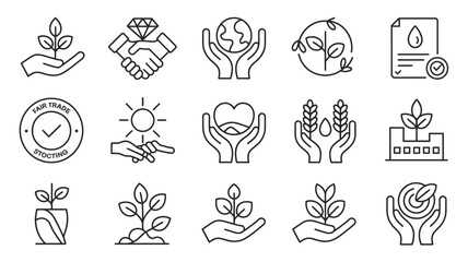 Collection of Black and White Line Art Icons Depicting Sustainable Practices Fair Trade Environmental Conservation and Corporate Social