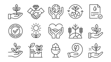 Fototapeta premium Collection of Black and White Line Art Icons Depicting Sustainable Practices Fair Trade Environmental Conservation and Growth