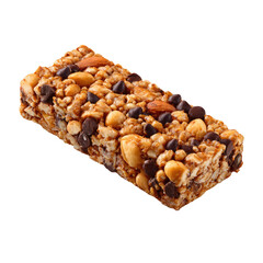 Delicious granola bar with nuts and chocolate chips on transparent background