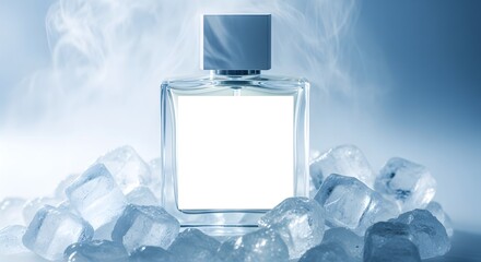 Elegant perfume bottle on ice cubes with cool vapor in a studio setting. Soft lighting accentuates the product. Focused on the refreshing aesthetic and a blank label for product branding.