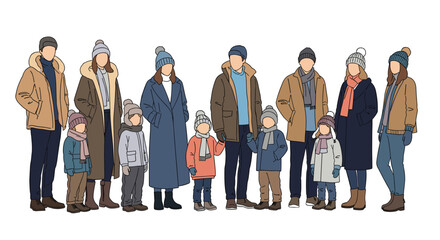 A diverse group of people dressed in warm winter clothing standing together in a line during a cold season showing family togetherness and winter activities