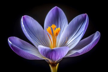 Delicate purple crocus flower blooms with vibrant yellow stamen against a dark background