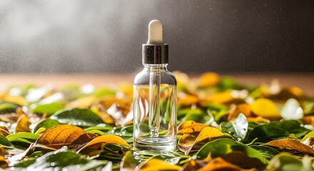 Transparent glass bottle with dropper stands amidst vibrant autumn leaves in a well-lit setting with water particles suspended in the air showcasing nature beauty