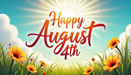 Cheerful summer landscape with sunflowers and bright sky, August date and copy space
