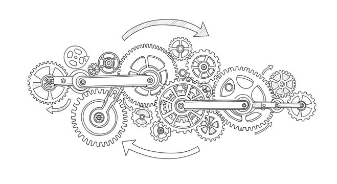 Intricate clockwork mechanism illustrating complex interconnected gears and cogs working together seamlessly in harmony