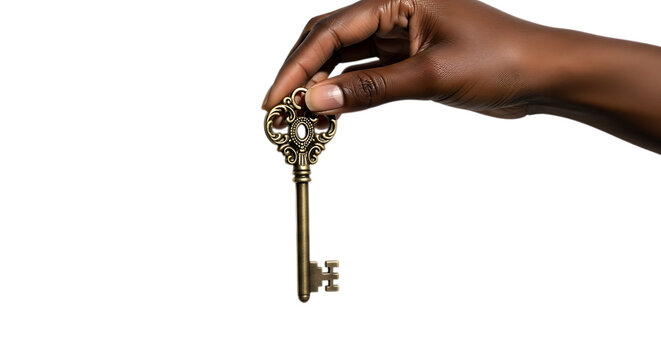 Darkskinned hand holding an ornate antique gold key on white isolated on transparent background