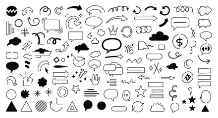 Naklejka premium Collection of diverse hand drawn arrows speech bubbles symbols and geometric shapes for design projects