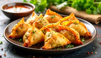 Crispy samosas, a traditional indian snack served with a delicious spicy sauce