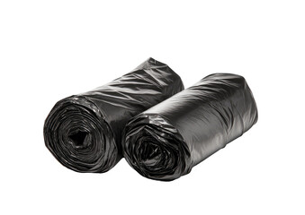 Two rolls of black plastic trash bags, rolled tightly