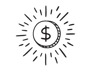 Shiny dollar coin with light rays on white background