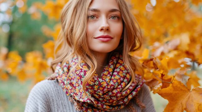 Joyful autumn walk: woman embraced by vibrant fall leaves in cozy sweater and scarf