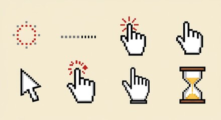 Pixelated cursor collection for retro gaming or web design projects, digital age nostalgia and fun