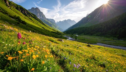 Mountain Meadow Bloom in Sunlight with Majestic Peaks
