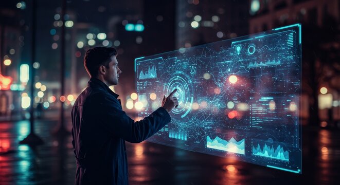 Man interacting with futuristic interface in cityscape at night envisions future