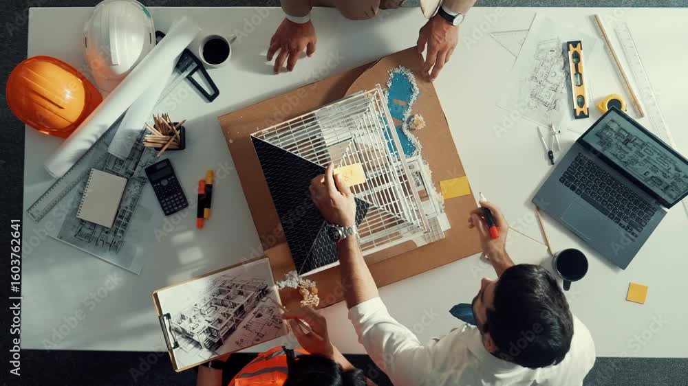 Poster top aerial view of architect engineer team stick sticky notes on house model while working together 