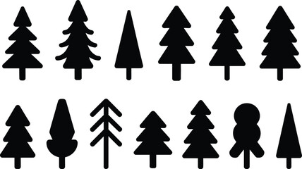 Fototapeta premium Merry Christmas and happy new year collection of fir trees black and white design simple signs 