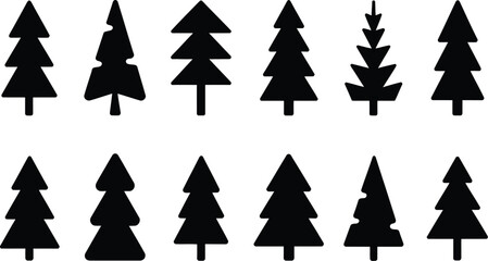 Merry Christmas and happy new year collection of fir trees black and white design simple signs
