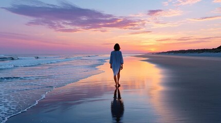 Serene beach stroll at sunset with reflective waves and vibrant skies