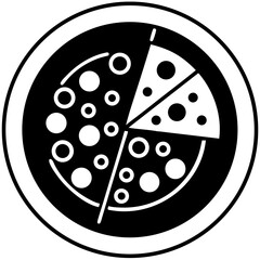 Black and white pizza illustration with different toppings and slices  