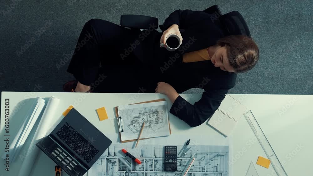 Poster top down view civil engineer writing sticky note and looking at laptop. aerial view architect sittin