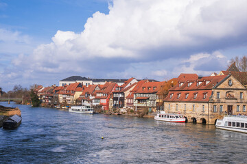 beautiful view of Bamberg waterfront with historic buildings and boats