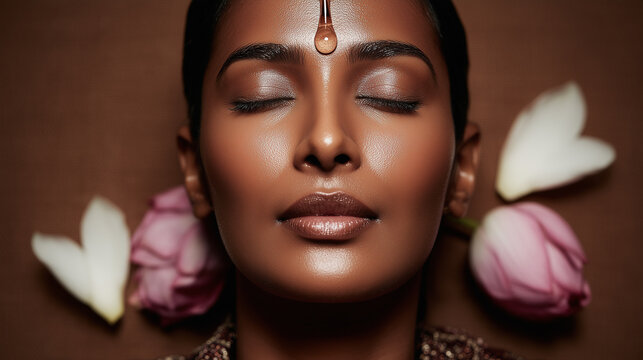 Shirodhara ayurveda spa treatment with serene woman receiving warm oil therapy on forehead. Traditional holistic wellness meditation with lotus flowers in peaceful atmosphere.