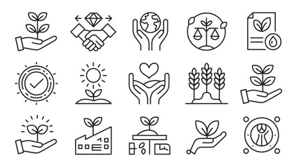 Fototapeta premium Collection of sixteen black line art icons depicting sustainable development concepts including hands holding plants earth a diamond handshake