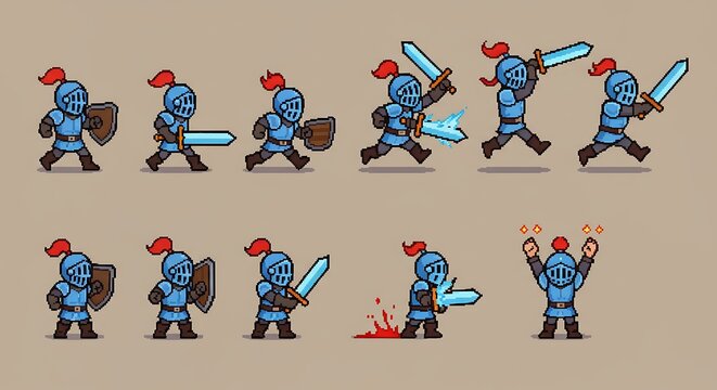 Animated pixel art knight sprite sheet for game development with sword attack and victory poses