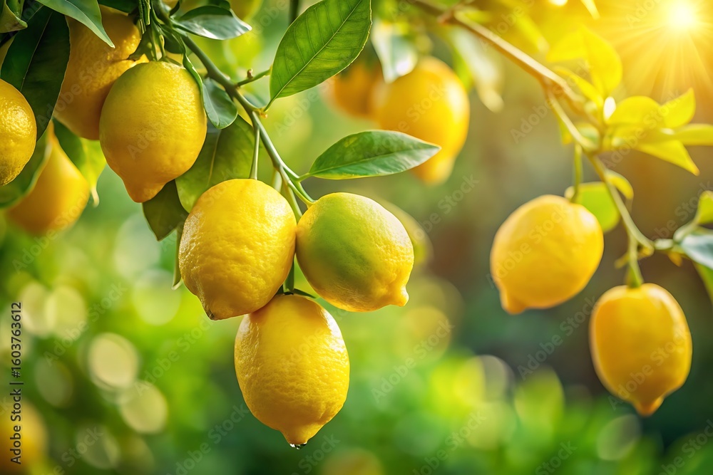 Poster sunlit lemons ripening on a tree branch with lush green leaves and soft bokeh background