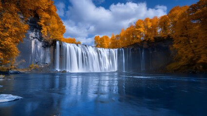 Majestic waterfall in autumn surrounded by vibrant orange trees