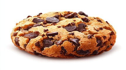 A close-up shot of a single, baked, round treat with large chunks of dark, shiny inclusions