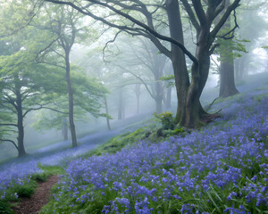 Misty Forest with Bluebell Carpet