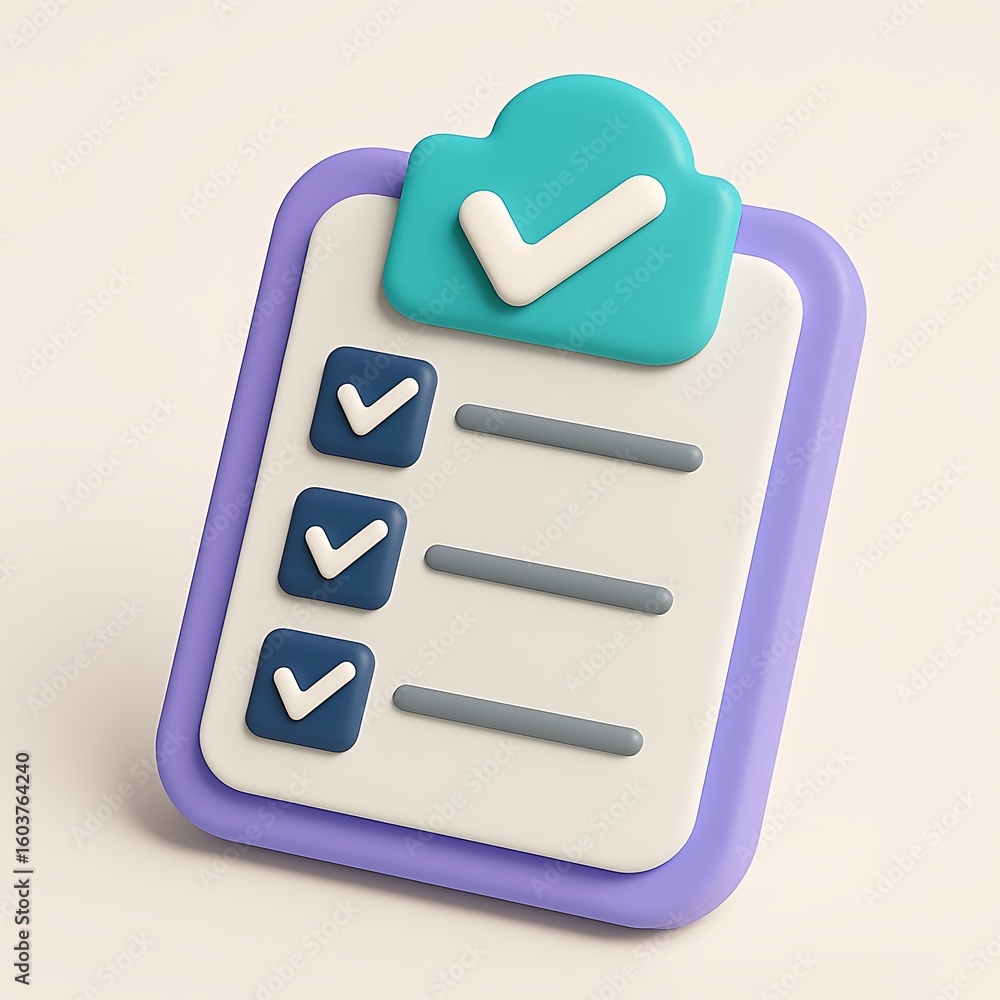 Poster 3d rendered checklist clipboard with completed tasks isolated on white background