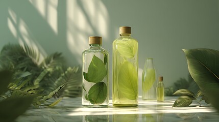 Ambient daylight casting across clean eco flyer and plant oil bottles styled with forest leaves