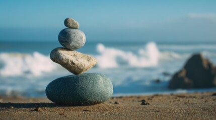 Balanced stones atop a beach