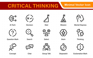 Critical Thinking Line Icons: Analyze, Reason, Decide. Problem-Solving, Logic, Facts, Rational Mind, Decision Making, Strategy, Collection, Thought Process, and more.