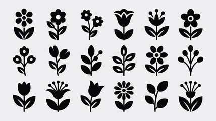 Collection of Twenty Black and White Simple Floral Icons Silhouettes Botanical Elements Flat Design Flower Graphics for Spring Summer Design