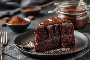 Dark chocolate cake slice drizzled with rich fudge sauce