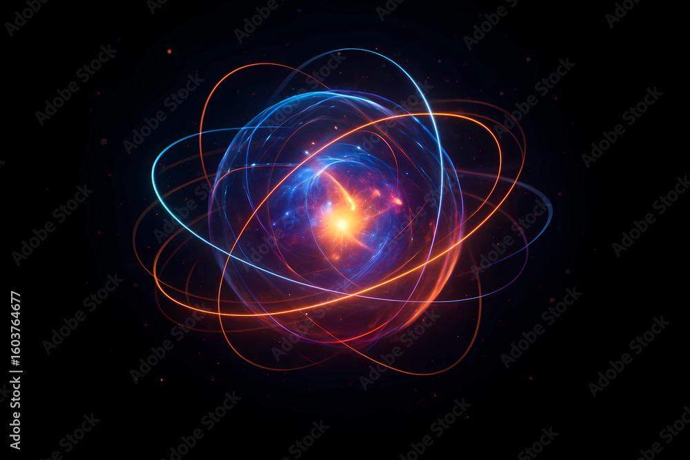 Wall mural quantum energy sphere with glowing light pulses and trails, futuristic abstract core, dark backgroun