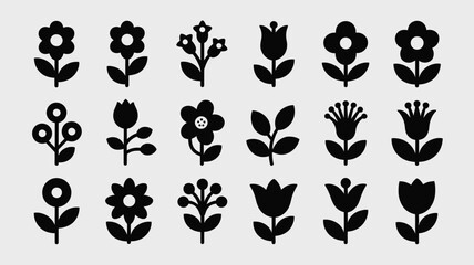 Obraz premium Collection of Twenty Black Silhouette Flower Icons Simple Floral Designs Botanical Elements Vector Graphics for Spring Summer Nature Themes