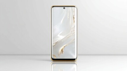 Gold-edged smartphone, minimalist design, white background, reflective surface