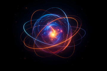 Quantum energy sphere with glowing light pulses and trails, futuristic abstract core, dark background, 3D sci-fi render for tech and science themes