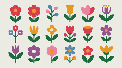 Collection of Twenty Retro Style Flower Icons Featuring Tulips Daisies and Other Blossoms in Vibrant Red Pink Orange Yellow Purple and Blue