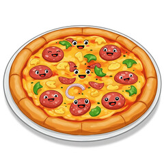 Cartoon pizza on dish. Color illustration of pizza.