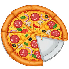 Cartoon pizza on dish. Color illustration of pizza.