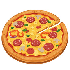 Cartoon pizza on dish. Color illustration of pizza.